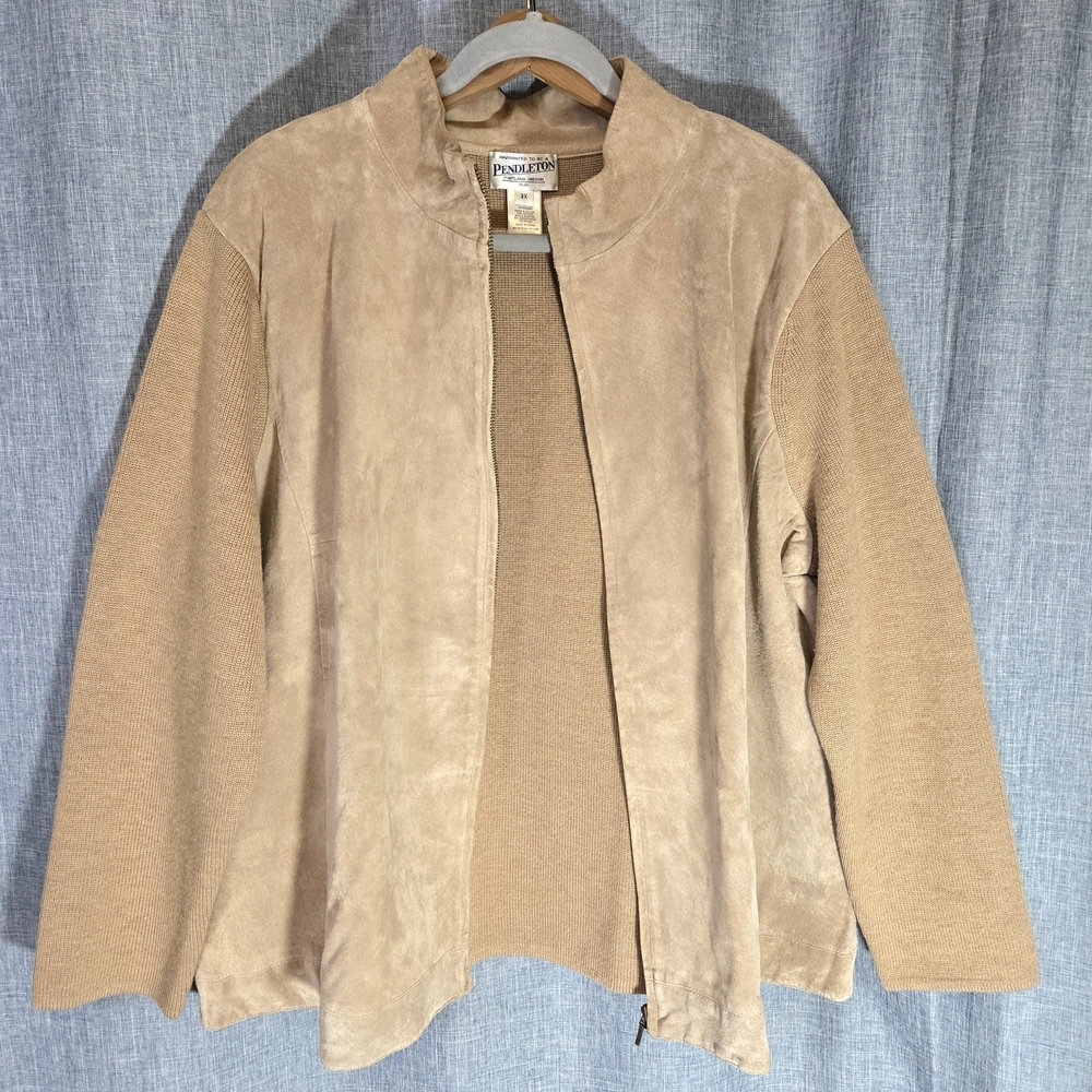 PENDLETON Suede-Front Cardigan Jacket Merino Blend Women's 3X Camel